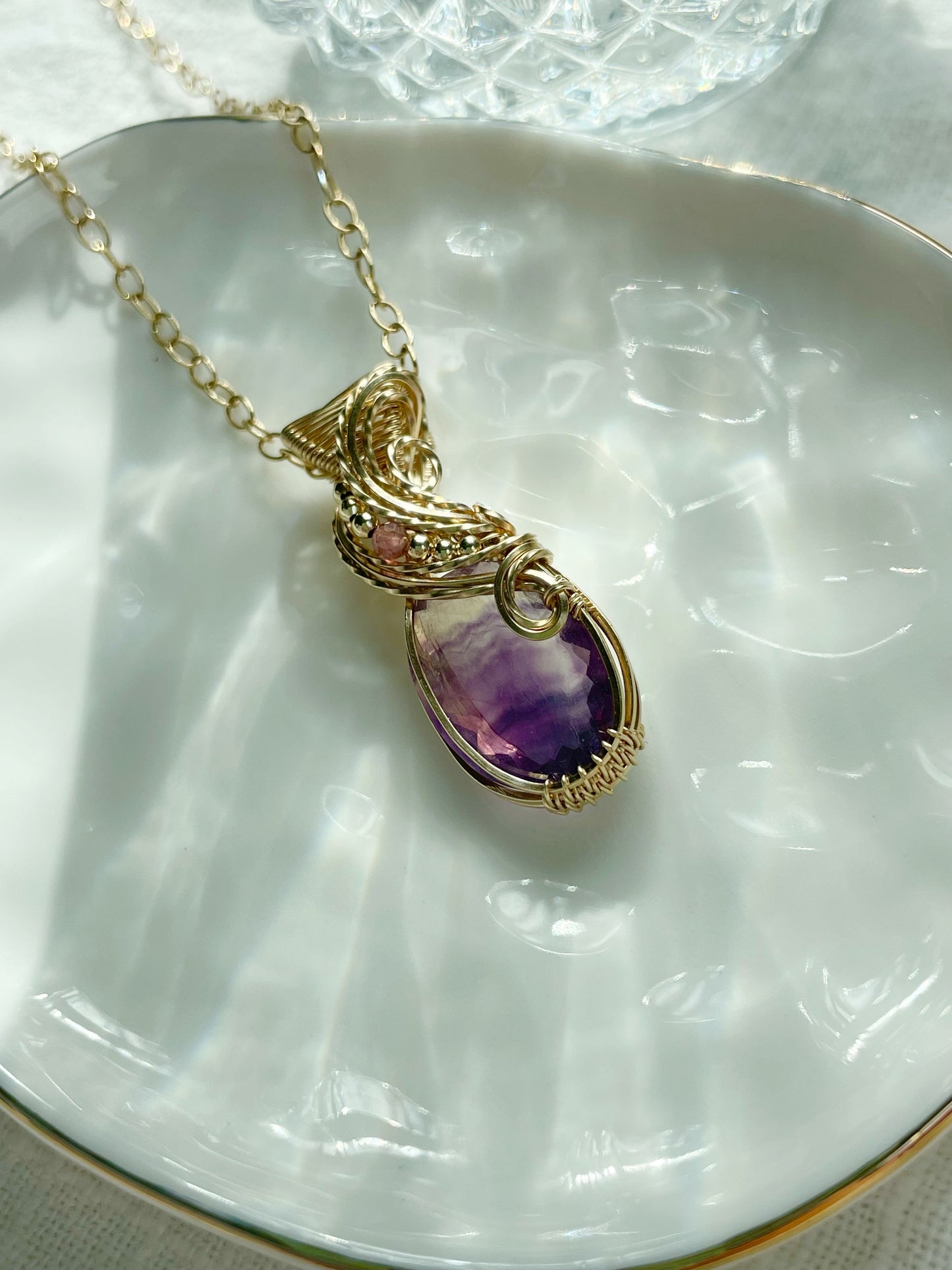 Purple Fluorite & Pink Tourmaline Necklace in 14k Gold Filled