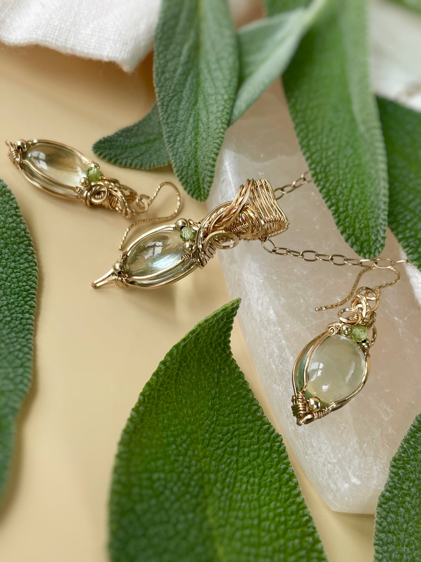 Prasiolite & Peridot Set (Necklace + Earrings) in 14k Gold Filled