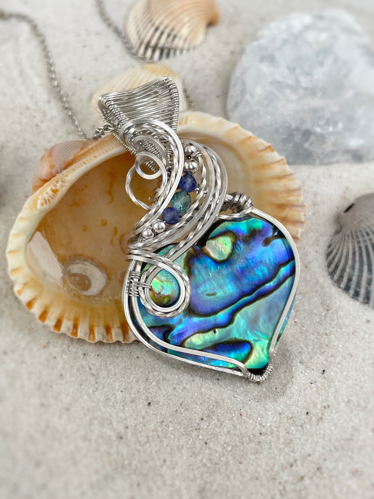 Abalone Shell, Tanzanite & Aqua Blue Apatite Necklace in Argentium Silver