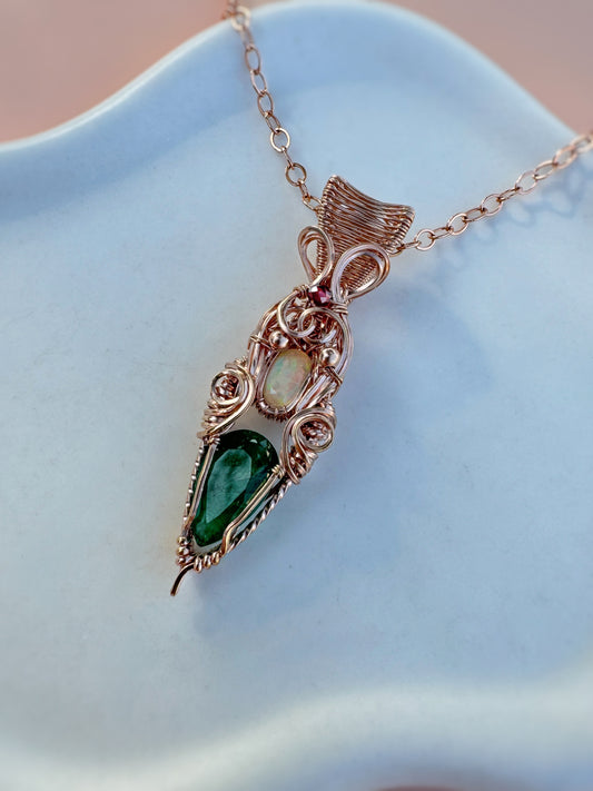 Emerald, Opal & Garnet 14k Rose Gold Filled Necklace