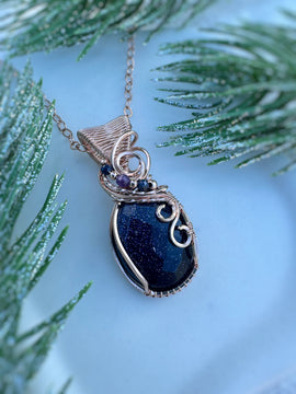 Blue Goldstone, Blue Sapphire & Amethyst Necklace in 14k Rose Gold Filled