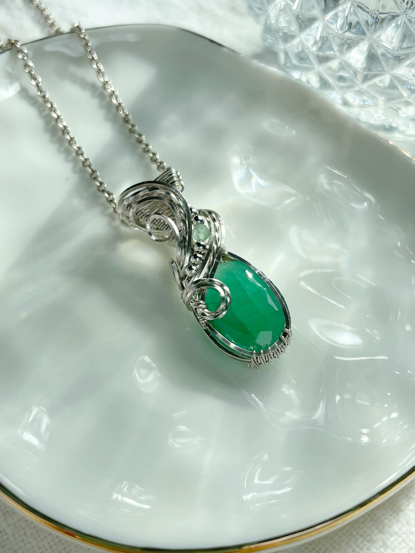 Dainty, Faceted Emerald & Green Aventurine Necklace in Argentium Silver