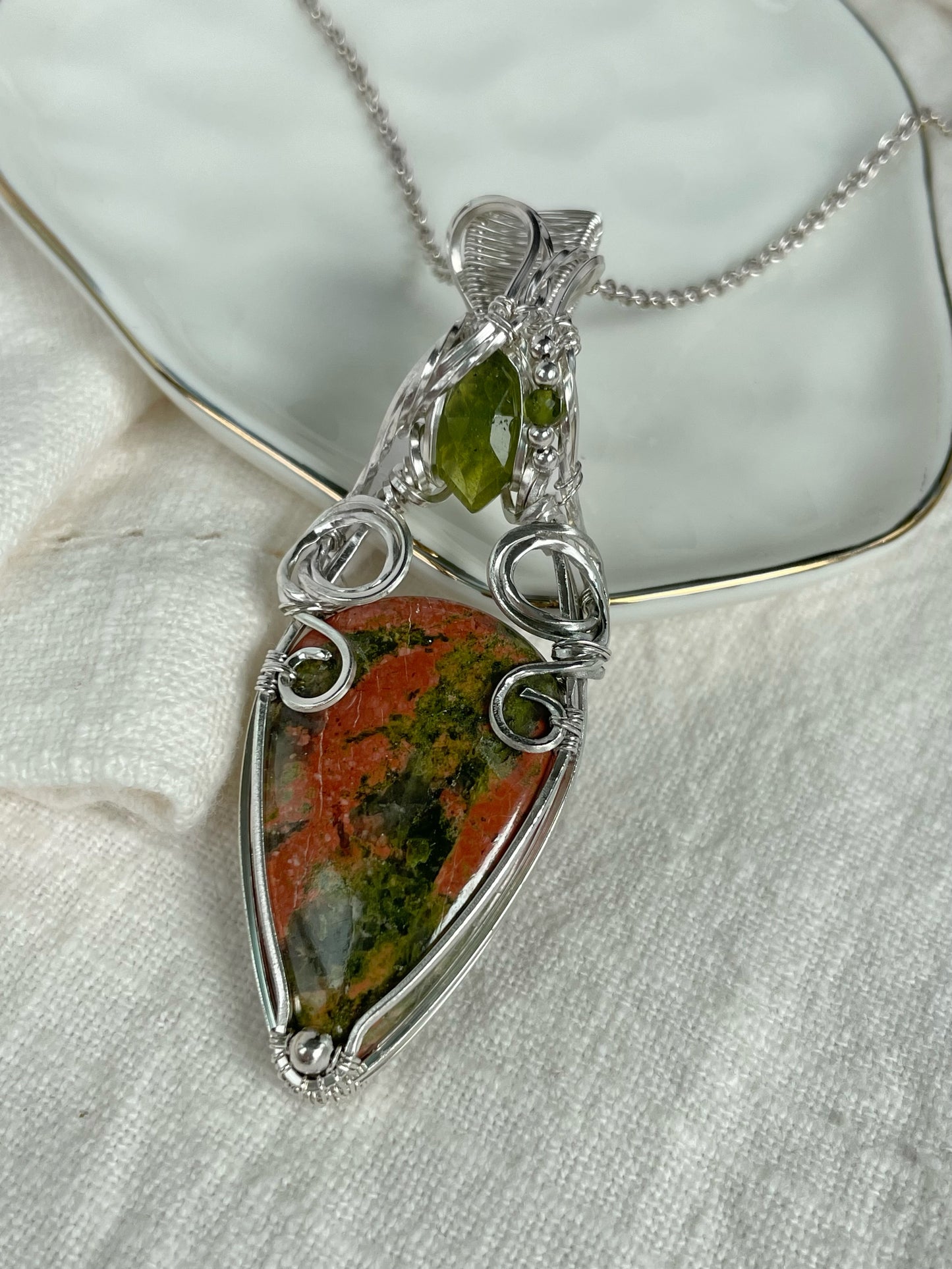 Unakite Jasper, Vesuvianite & Green Tourmaline Necklace in Argentium Silver