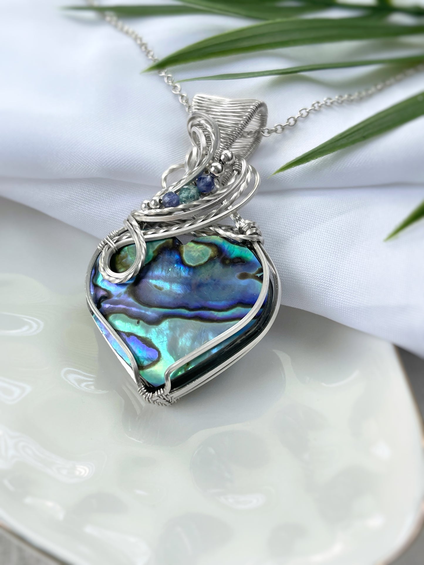 Abalone Shell, Tanzanite & Aqua Blue Apatite Necklace in Argentium Silver