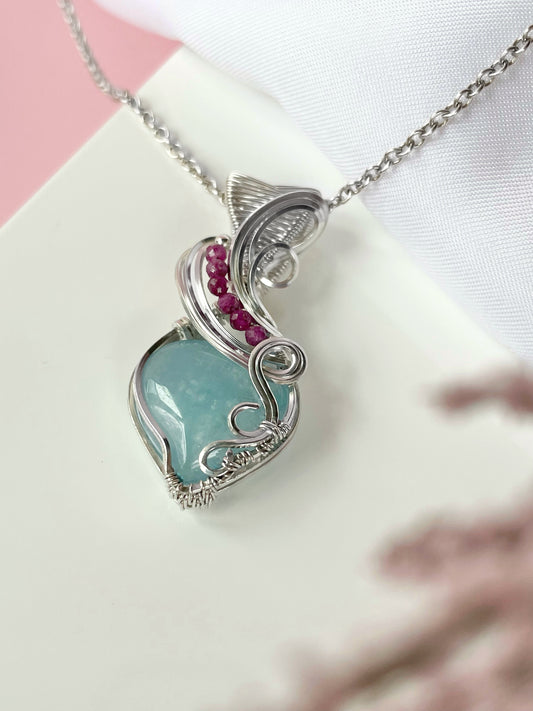 Mini Aquamarine Heart & Ruby Necklace in Argentium Silver