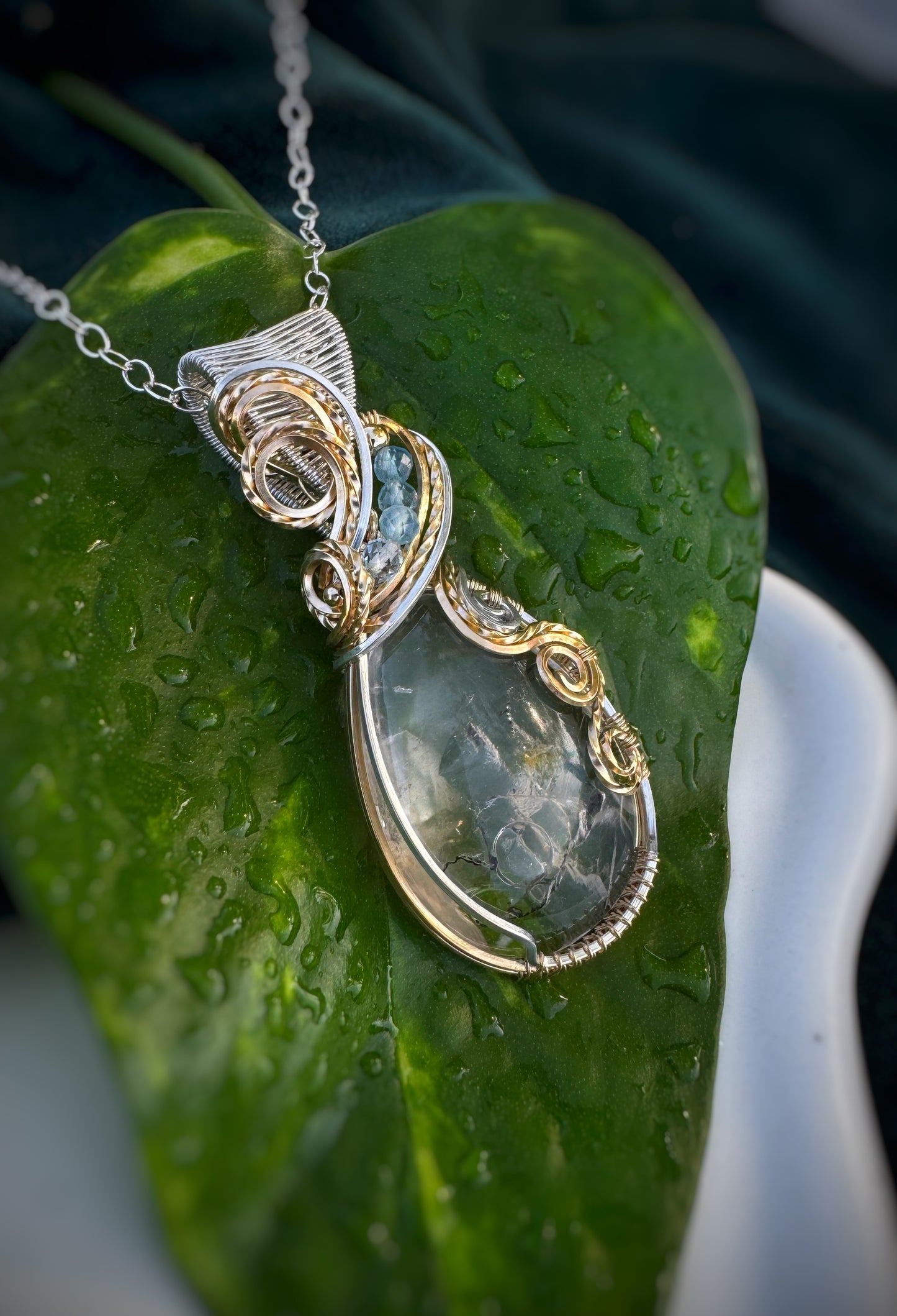Rare Enhydro Quartz & Aquamarine Necklace in Argentium Silver & 14k Gold Filled