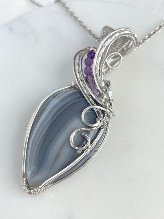 Botswana Agate & Amethyst Necklace in 0.925 Sterling Silver