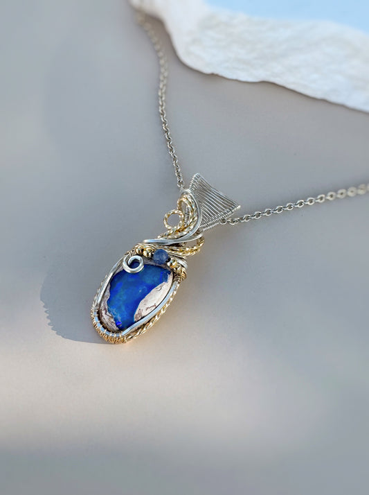 Mexican Opal & Blue Kyanite Mixed Metal (Argentium Silver & 14k Gold Filled) Necklace