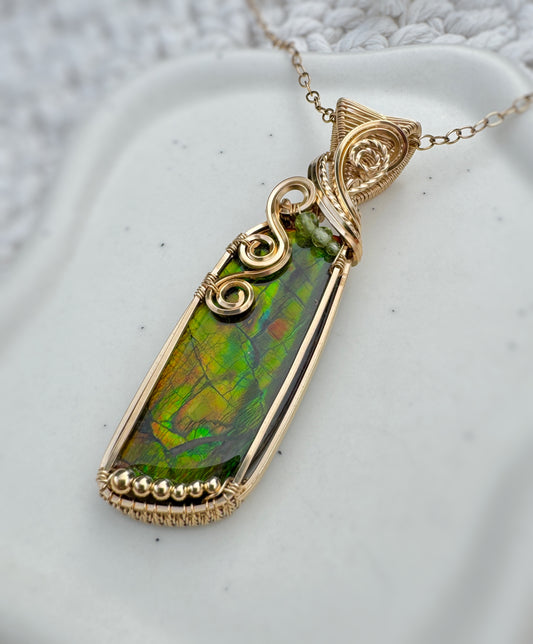 Ammolite & Peridot Necklace in 14k Gold Filled