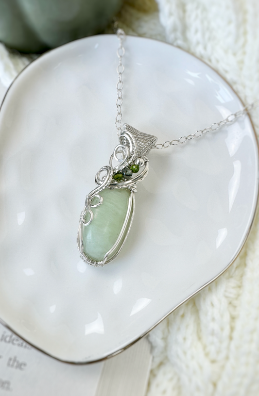 Green Jade, Green Tourmaline, and Green Tourmaline Rutile Necklace in 0.925 Sterling Silver