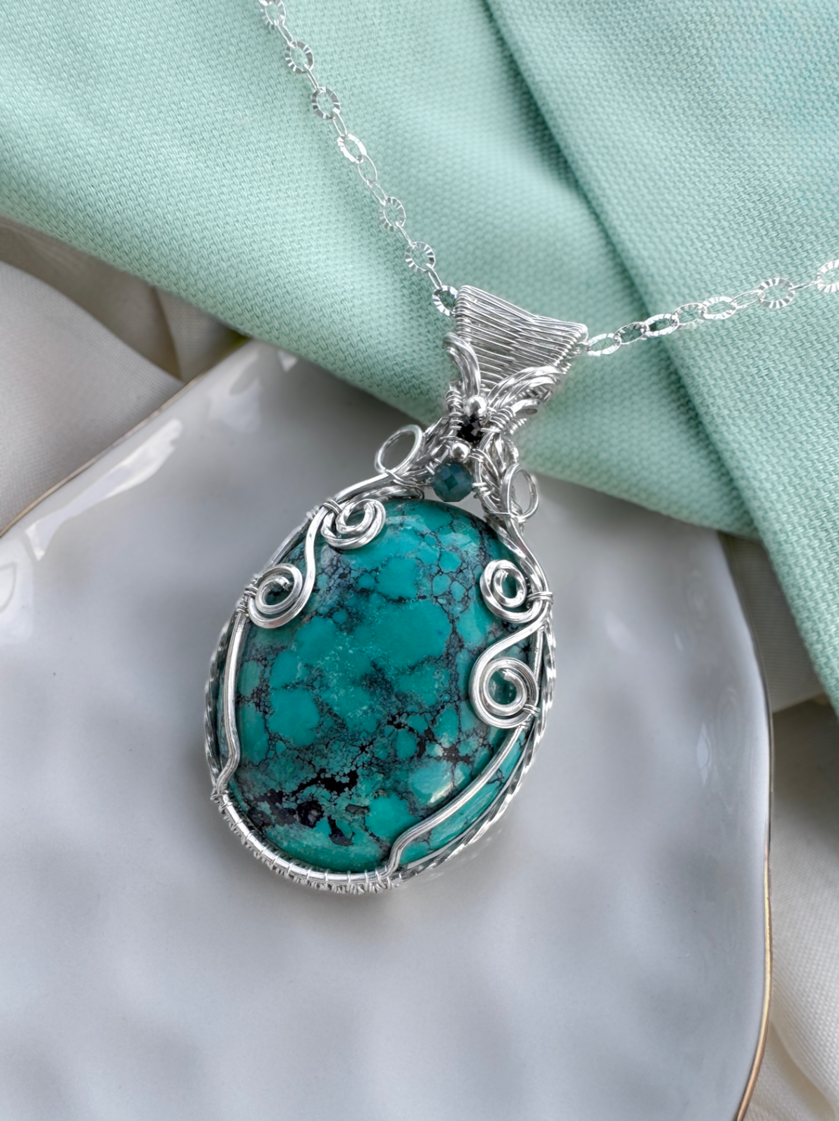 Tibetan Turquoise, Aqua Apatite & Black Onyx Statement Necklace in Argentium Silver