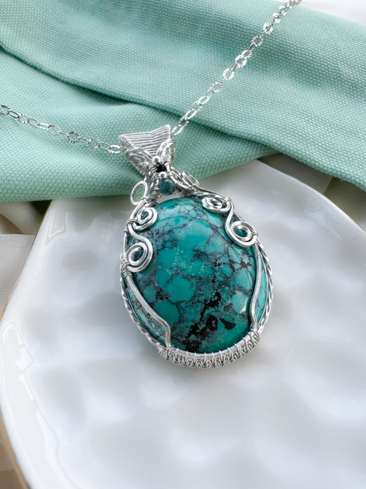 Tibetan Turquoise, Aqua Apatite & Black Onyx Statement Necklace in Argentium Silver