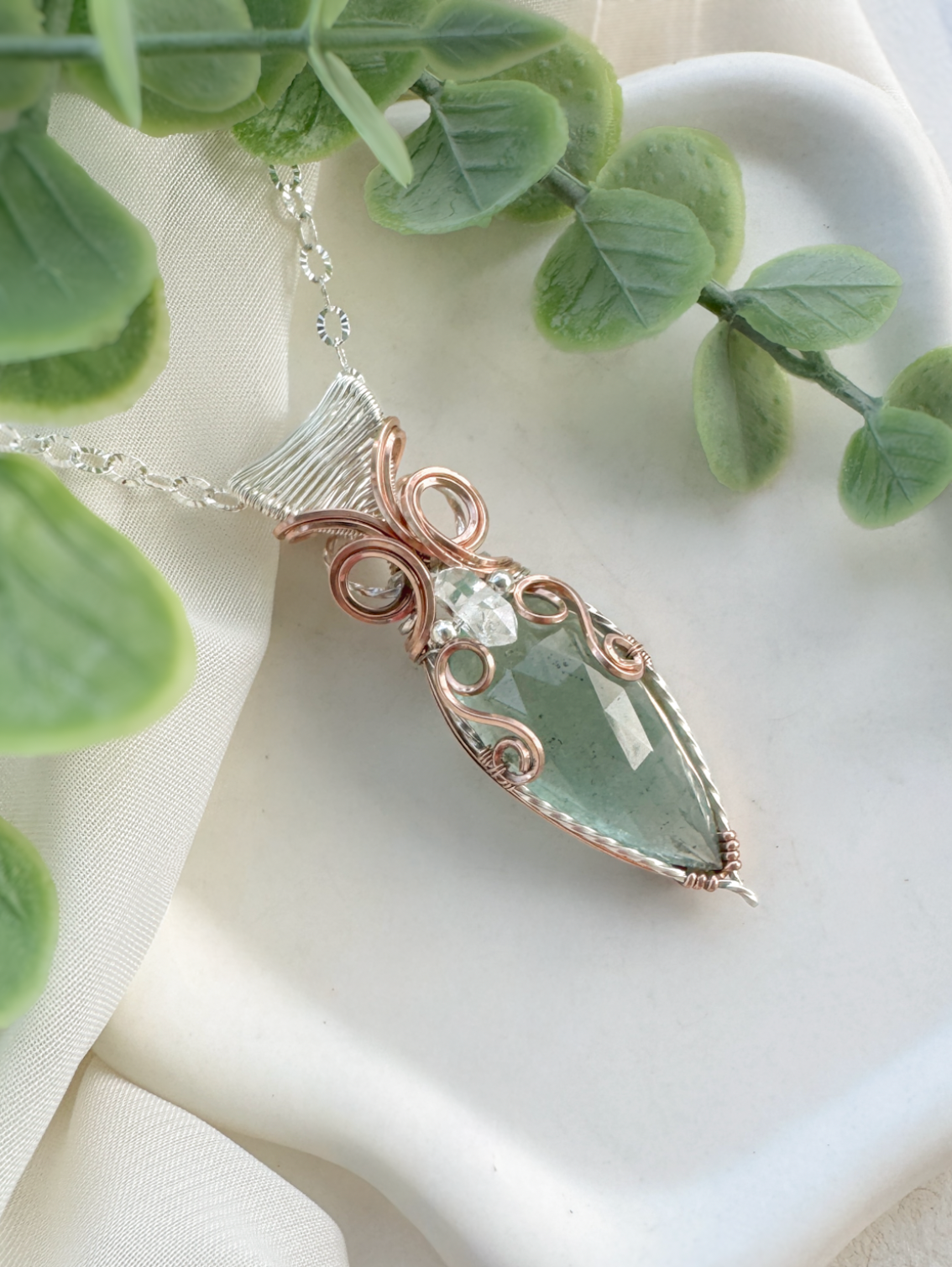 *Large- Aquamarine & Herkimer Diamond in Mixed Metals (14k Rose Gold Filled & Argentium Silver)