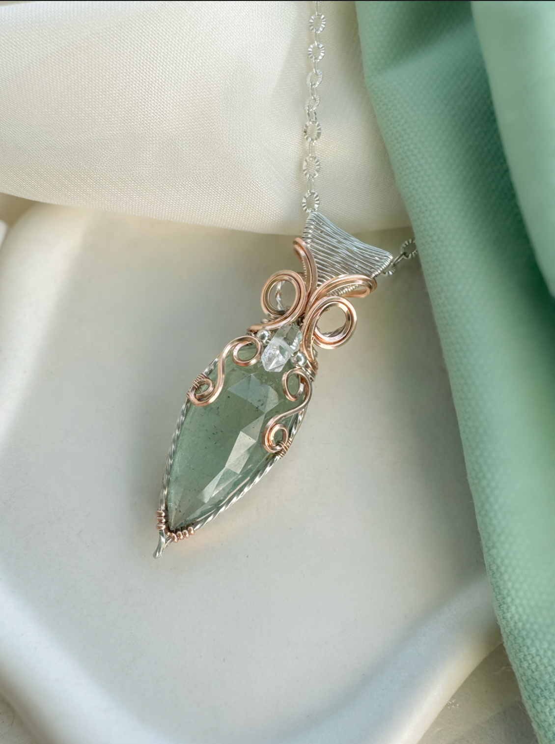 *Large- Aquamarine & Herkimer Diamond in Mixed Metals (14k Rose Gold Filled & Argentium Silver)